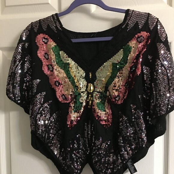 Forever 21 Vintage Butterfly Poncho Sequin Top - Showstopper Medium  Box Sw2 CL - Picture 9 of 10